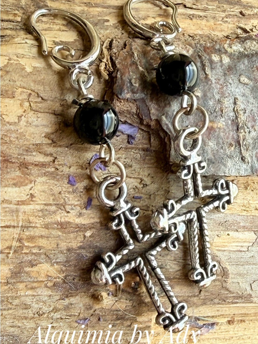 Alquimia Silver Cross Earrings with Black Onyx Beads